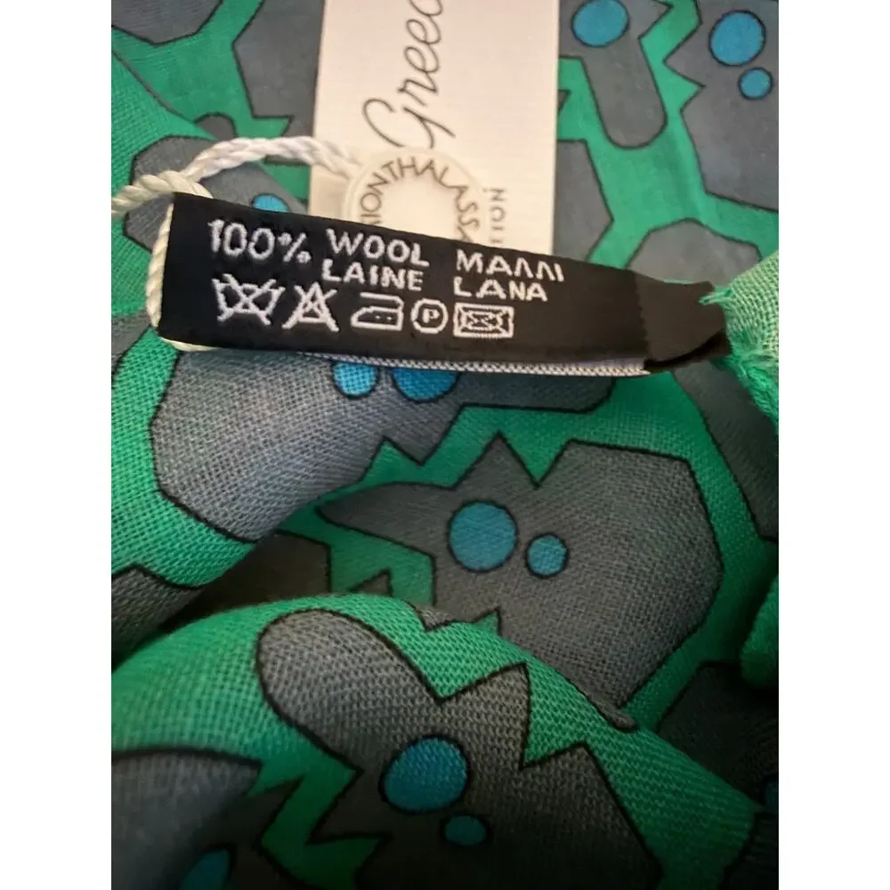 Thalassa Collection Greek 100% Wool Scarf Wrap NWT Green Geometric Italy Chic